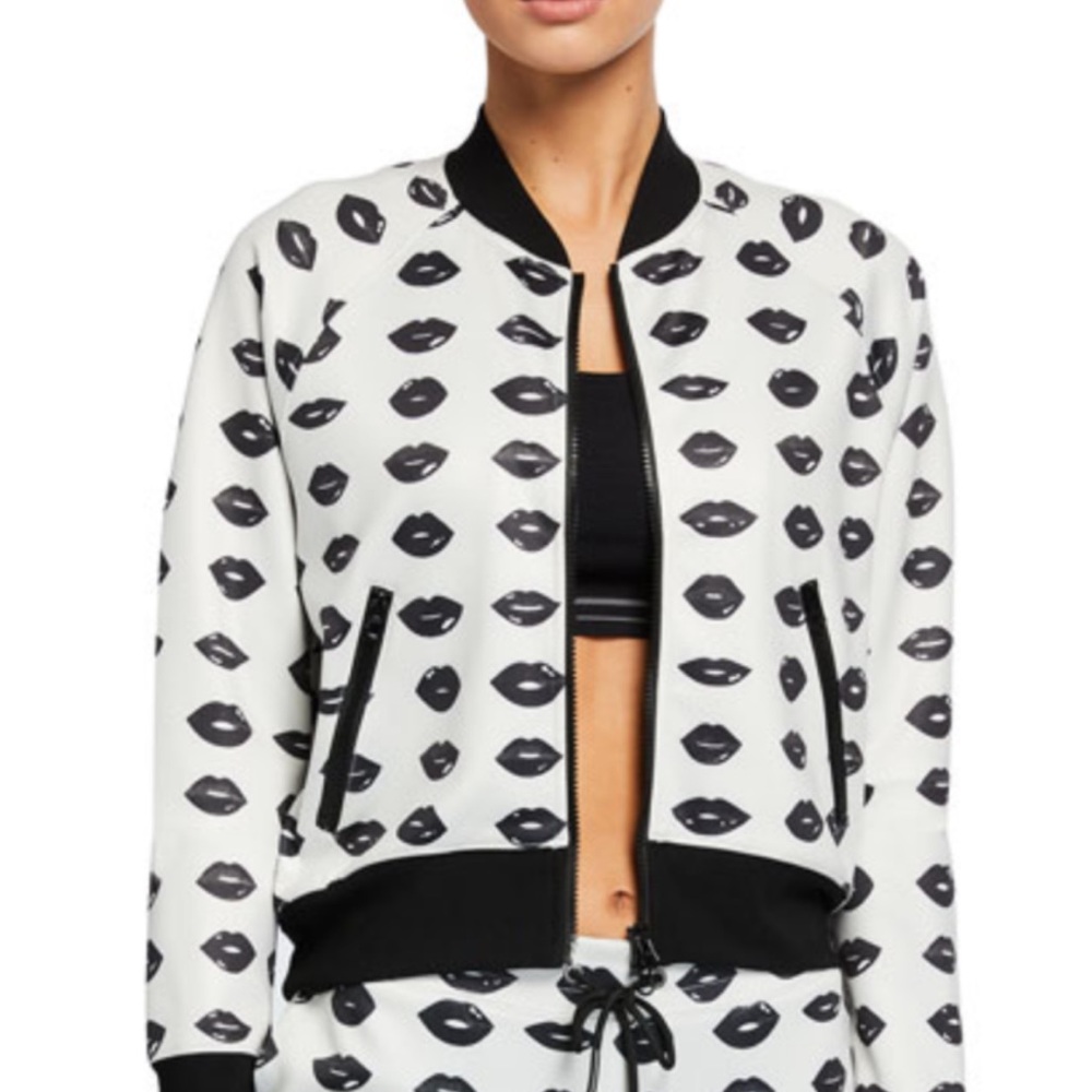 Pam & Gela Women's White Lip Print Cropped Full-Zip Track Jacket Size Small